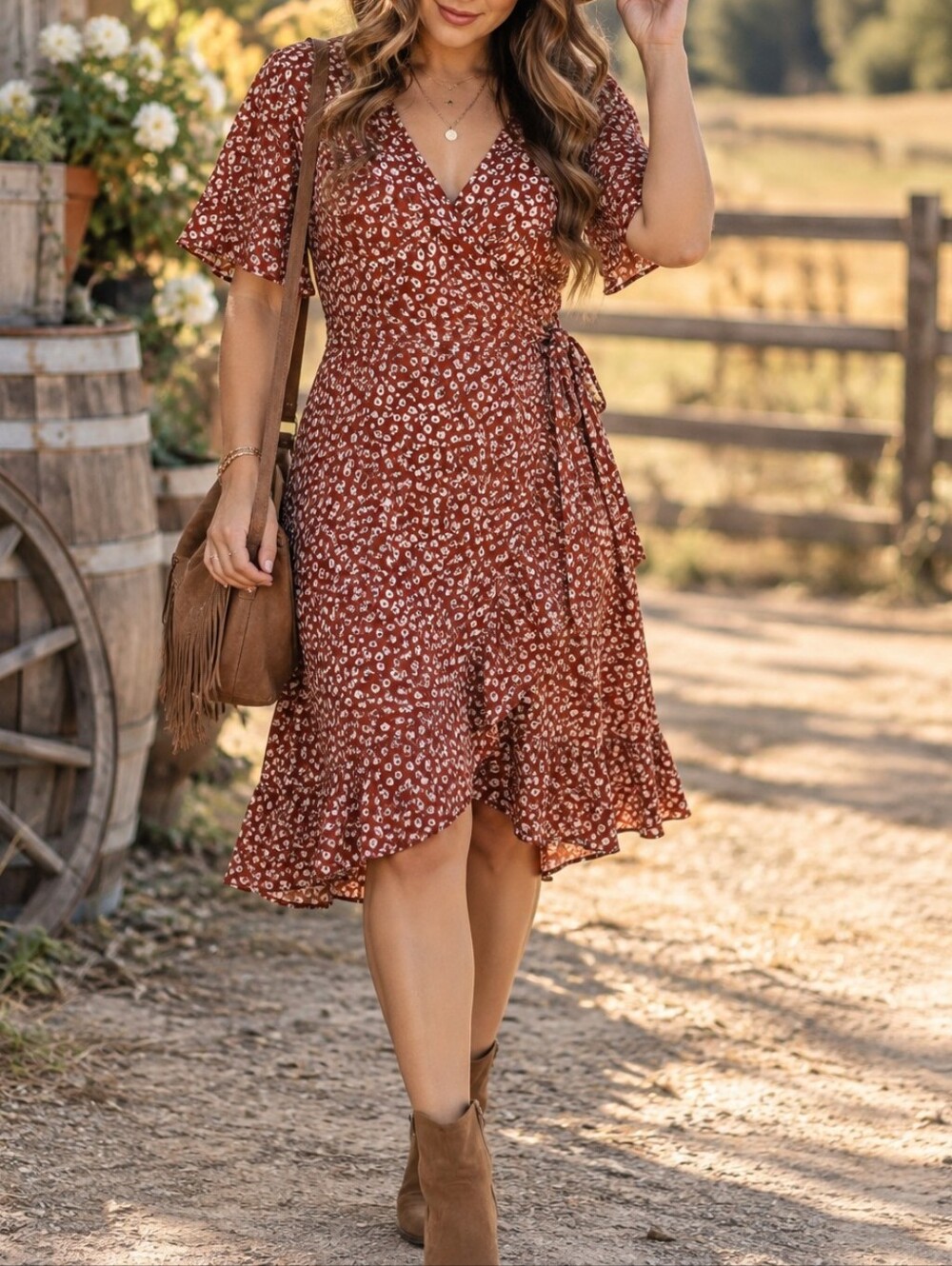 NWT ONLY Rust Red Floral Wrap Midi Dress Ruffle Hem Cottagecore Boho Romantic